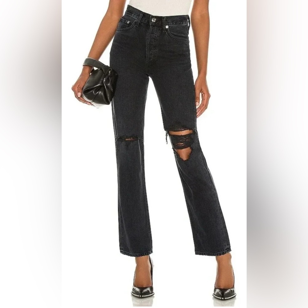AGOLDE Lana Straight Distressed Black Denim Jean - Mid-Rise Vintage